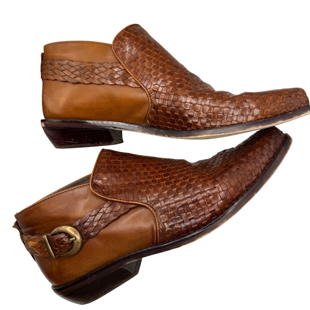 Enzo Angiolini Woven Leather Ankle Boots Brown Pointed Toe Buckle Booties 7.5M